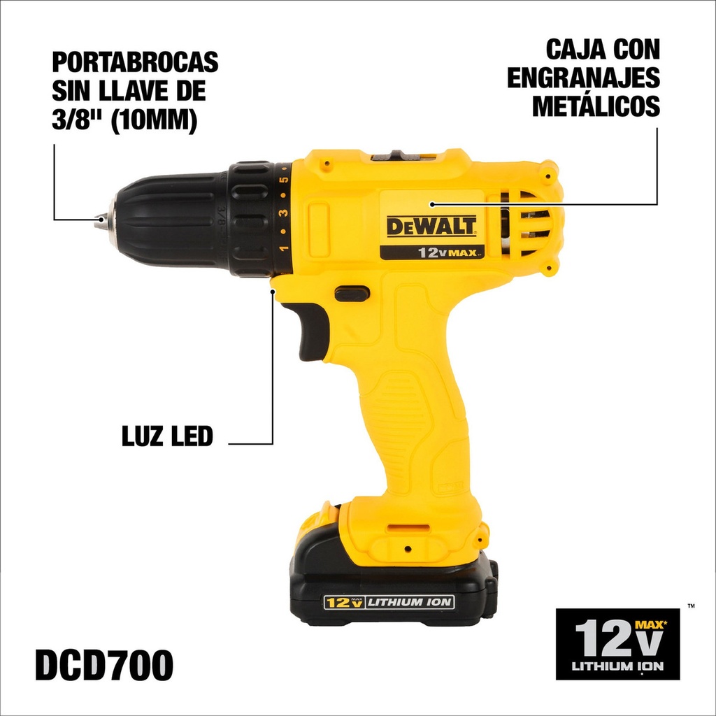 Taladro Atornillador Inalámbrico 10mm Dewalt Dcd700lc1 12v 